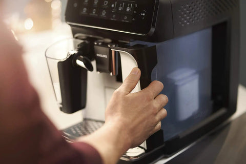 Close-up of Fully Automatic Espresso Machine With Killer LatteGo Milk Frother And True One Touch Cappuccino Setup For Straight Up Home Coffee Perfection In Sleek Black Certified Refurbished.