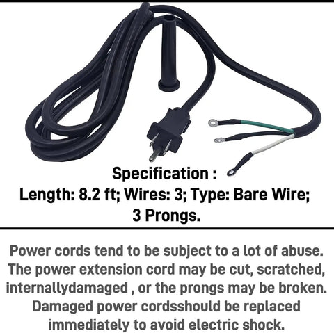 Heavy Duty Kickass Replacement Power Cord Compatible With Skilsaw Worm Drive Circular Saw 14 AWG 3 Prong Bare Wire Cable, 8.2 ft long.