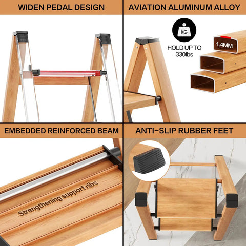 Two Step Ladder Aluminum Folding Step Stool With Anti Slip Wide Pedals Grab And Go Lightweight Portable Multi Use Stepladder For Home And Kitchen Woodgrain Finish Strong 330 Lbs Capacity