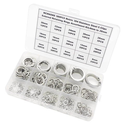 External Retaining Ring Set 380 Piece Assortment 15 Sizes From 4mm To 28mm In 304 Stainless Steel Circlips C Clips Set
