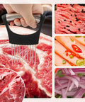 Crinkle cutter knife with black rubber handle and stainless steel wavy blades for slicing meat and vegetables.