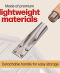 Close-up of pizza peel with perforated stainless-steel paddle and detachable wooden handle