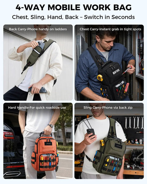 Heavy Duty Electrician Tool Chest Bag With Adjustable Padded Three Point Harness Keeps Your Gear Locked Tight On Ladders Versatile Hvac Chest Pack For Hands Free Trade Hustle