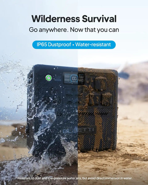 Campground Beast Off The Grid Portable Power Station 1536Wh Solar Generator on wet ground with water splashes, IP65 dustproof.