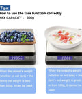 Pro Grade Digital Kitchen Scale 0.01g Resolution 500g Capacity With Backlit LCD Display showing tare function with blueberries and dish
