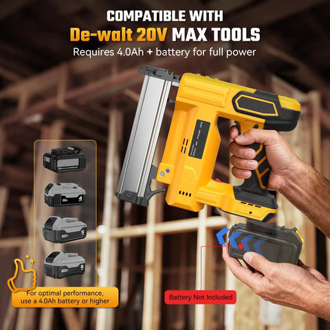 Heavy Duty Cordless 2 In 1 Nail Gun And Staple Gun For Quick Home Fixes shown with compatible DeWalt 20V battery.