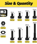 780 Piece M3 Screws Kit With Hex Socket Head Cap Screws Optimized Size Distribution 12 9 Class Alloy Steel Black Zinc Plated M3 Bolts sizes