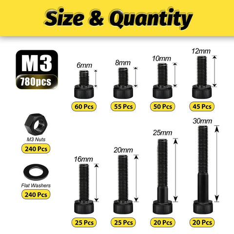 780 Piece M3 Screws Kit With Hex Socket Head Cap Screws Optimized Size Distribution 12 9 Class Alloy Steel Black Zinc Plated M3 Bolts sizes
