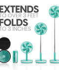 Rechargeable Portable Fan With USB-C, Wireless Battery Operated, 4 Speeds, expands from 3 inches to over 3 feet, mint case