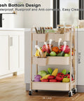 Beige 3 Tier Rolling Cart With Metal On Wheels A Spacious Multi Purpose Storage Organizer with fruits and utensils in kitchen