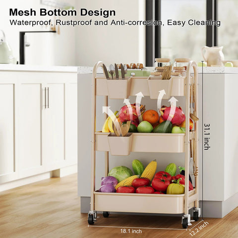Beige 3 Tier Rolling Cart With Metal On Wheels A Spacious Multi Purpose Storage Organizer with fruits and utensils in kitchen