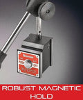 Magnetic Base With Upright Post Assembly And AGD Dial Indicator Inch Reading For Pros And DIYers From The Field Built For Precision And Fast Setup Rock Solid Magnetic Hold And Easy Readout Model 657E close-up.