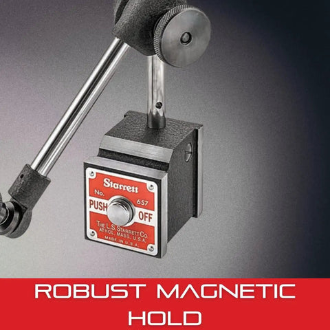 Magnetic Base With Upright Post Assembly And AGD Dial Indicator Inch Reading For Pros And DIYers From The Field Built For Precision And Fast Setup Rock Solid Magnetic Hold And Easy Readout Model 657E close-up.