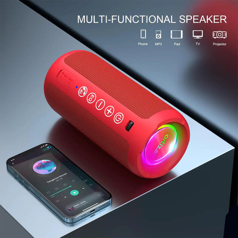 24W Bluetooth Speaker With Deep Bass And Dual Pairing, IPX7 Waterproof, Bluetooth 5.3, LED Lights, shown with smartphone