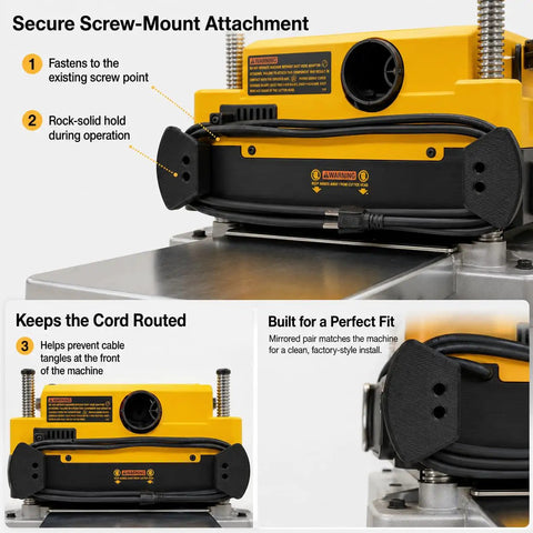 Kick Ass Screw Mount Power Cable Bracket For Dewalt DW735 Woodworking Planer with secure screw attachment and cord routing design.