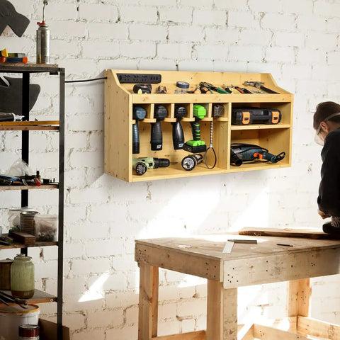 Power Tool Organizer And Storage Cabinet With Wooden Drill Charging Station All In One Wall Mount Rack And 3 Shelves For Workbench