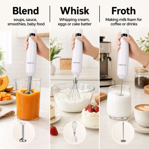 Cordless Immersion Hand Blender And Stick Blender With Straight Up Powerful Brushless Motor using whisk attachment for cream.