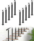 Rock Solid 35 To 37 Inch Holeless Railing Post Featuring 270 Degree Adjustable Mounting Slick Matte Black Steel Handrail for Porch Deck Setup displayed in a staircase setting.