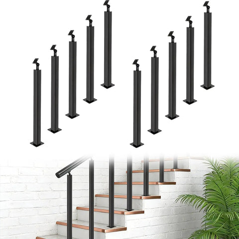 Rock Solid 35 To 37 Inch Holeless Railing Post Featuring 270 Degree Adjustable Mounting Slick Matte Black Steel Handrail for Porch Deck Setup displayed in a staircase setting.