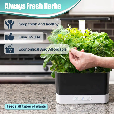 Person tending to herbs growing in a black and white hydroponic seed pod kit on a kitchen counter.