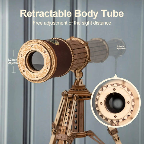 3D Wooden Puzzle Model Building Kit For Adults, DIY Wood Monocular Telescope Kit With Seaspray Pattern And Leather Nameplate, Realistic Mini Telescope Science Gift For Enthusiasts, retractable body tube