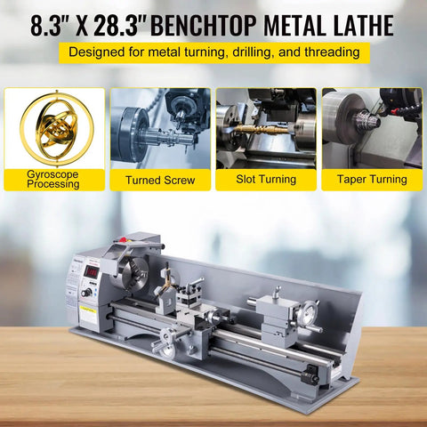 Compact Mini Metal Lathe Machine Delivering Smooth 2500 RPM Variable Speed Rotation Powered By A Kickass 750W Brushless Motor For Any Weekend Warrior Builder displayed on a workbench.