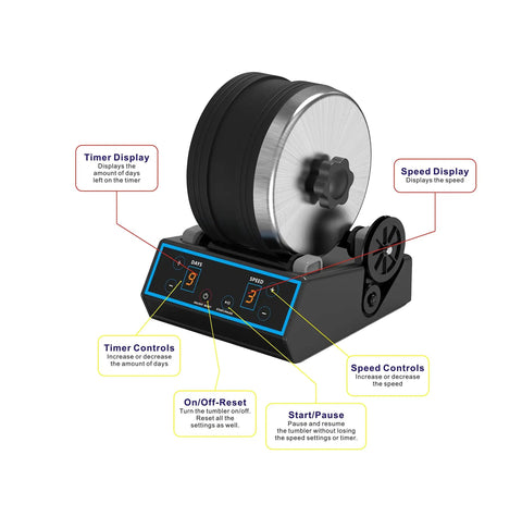 Pro Grade Rock Tumbler Kit With 3.5Lb Capacity, digital controls, speed and timer display, quiet low noise barrel