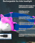 Rechargeable pink fox headlamp with blue band from Animal Themed Kids Lantern And Headlamp Set For Camping, showing light beam.