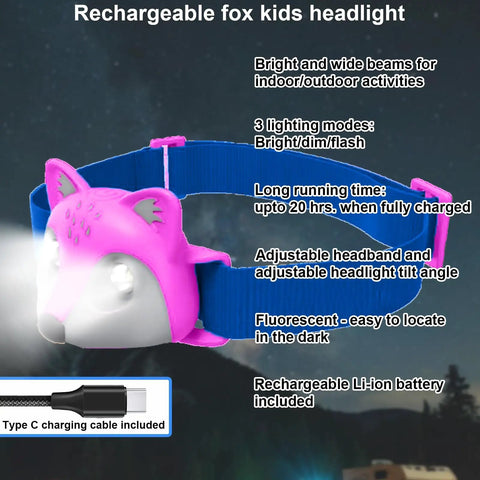 Rechargeable pink fox headlamp with blue band from Animal Themed Kids Lantern And Headlamp Set For Camping, showing light beam.