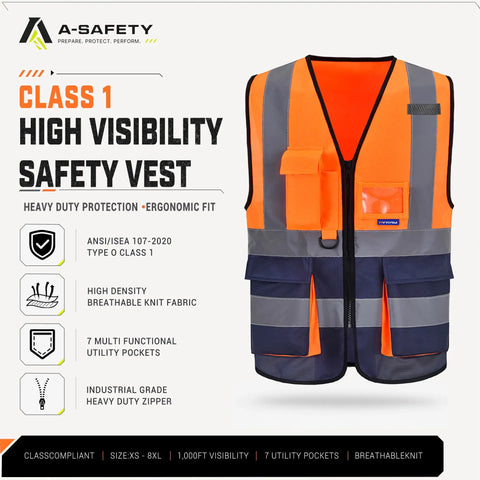 Straight Up Built Tough Orange And Navy Blue Safety Vest Lightweight Polyester Workwear Reflective Construction Gear Machine Washable Crew Protection Essentials