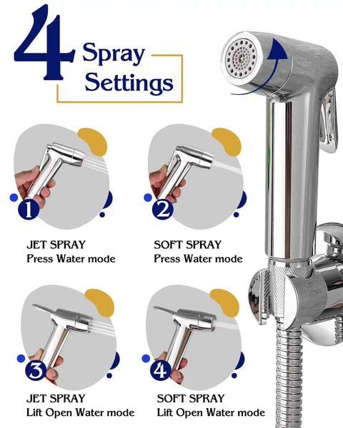 Diagram of Handheld Toilet Bidet Sprayer With 59 Inch Anti Burst Hose Chrome Finish Flexible Jet Spray showing 4 spray modes
