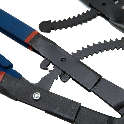 Heavy Duty 16 Inch Snap Ring Pliers Set with blue handles, showing detailed view of heat-treated steel mechanism and tips.