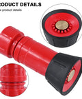 Close-up of Badass Heavy Duty 1 Inch Fire Hose Nozzle Slick Red Thermoplastic Design showing spray patterns and adjustment features.