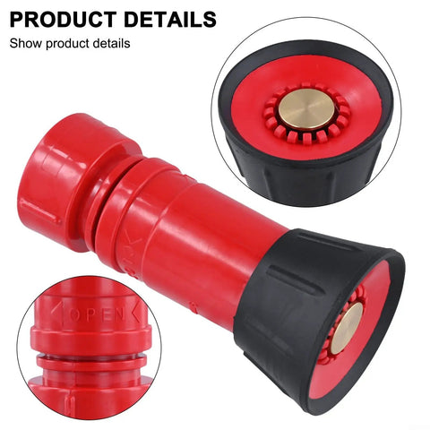 Close-up of Badass Heavy Duty 1 Inch Fire Hose Nozzle Slick Red Thermoplastic Design showing spray patterns and adjustment features.