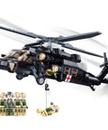 Black Hawk Inspired Helicopter Building Set For Adults And Teens, 692-piece model with four soldier figures and foldable tail rotor.