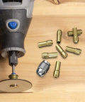 Built Tough Brass Collet Set For Rotary Tools, 10 Piece Quick Change Nut Kit for 4485 Style on wooden surface with cutting tool