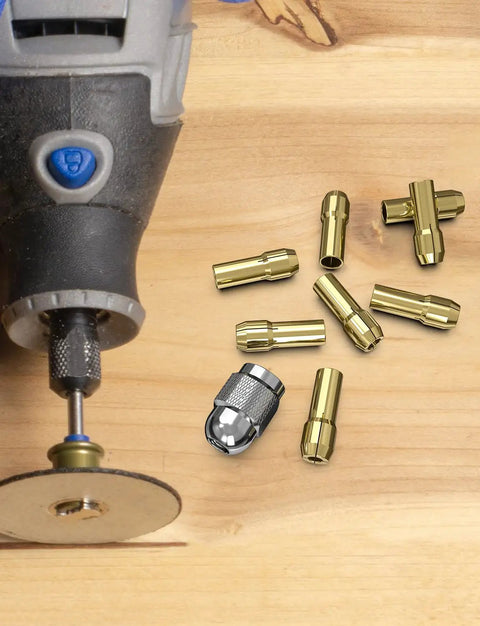 Built Tough Brass Collet Set For Rotary Tools, 10 Piece Quick Change Nut Kit for 4485 Style on wooden surface with cutting tool