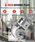 Heavy Duty Rock Solid Six Inch CNC Rotary Table With Three Jaw Chuck And Dividing Head, showing precision features for machining.