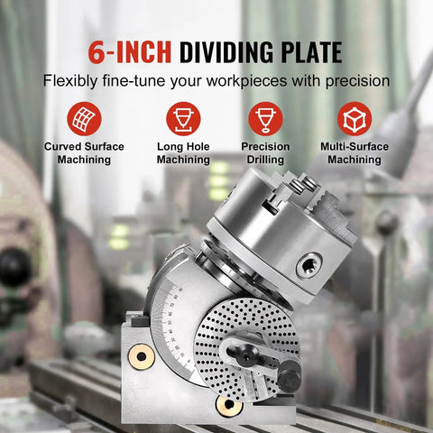Heavy Duty Rock Solid Six Inch CNC Rotary Table With Three Jaw Chuck And Dividing Head, showing precision features for machining.