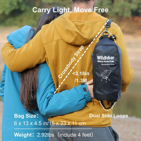 Couple carrying Ultralight Backpacking Chair For Adults With Pouch, shown in compact bag worn crossbody, weighs 2.8 lbs
