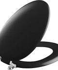 Kathryn Painted Toilet Seat With Metal Hinges And Cover, No-Fuss, Easy-Clean Finish in black, featuring chrome hinges