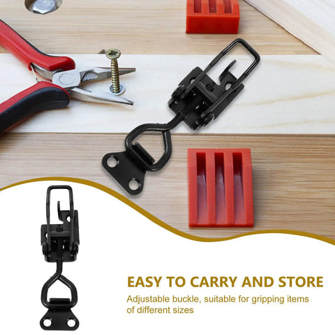 Heavy Duty Adjustable Toggle Clamp Pull Latch For Tool Boxes And Industrial Equipment on wood with screws and pliers