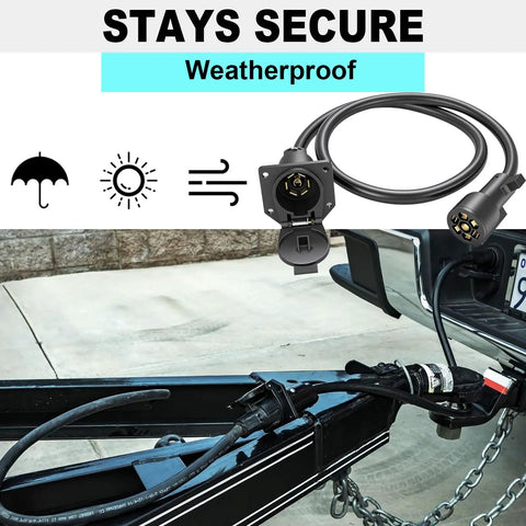 Heavy Duty 7 Way Trailer Extension Cord Plug And Play One Foot Wiring Cable With Socket For RV Camper Trailers connected to truck hitch.