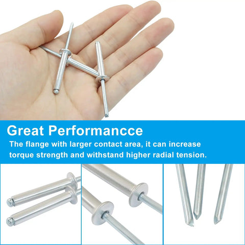 Hand holding 60 Piece Aluminum Blind Rivet Assortment Kit, Three Sixteenth Inch By One And One Quarter Inch Closed End Pop Rivets, For Secure Fastening In Metal Wood And Plastic, Rust Resistant And Marine Grade Durable