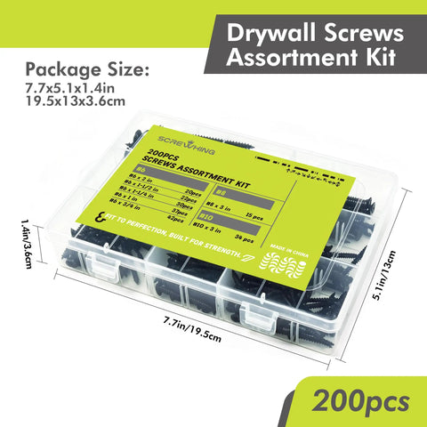 Heavy Duty Wood Screw Set 200Pcs Assortment Kit with High Hardness Phillips Bugle Head Drywall Screws in clear case