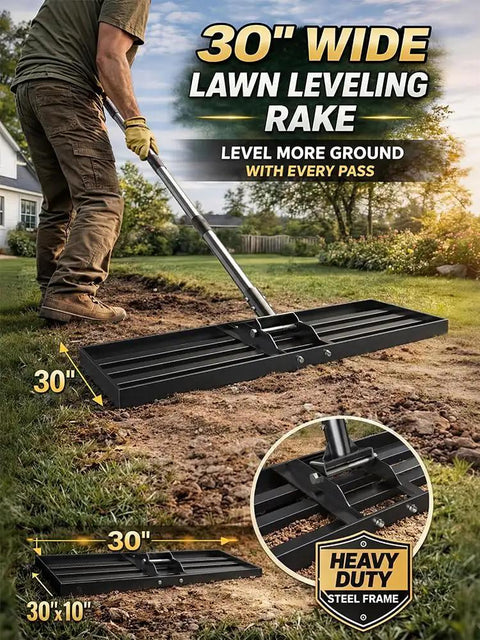 Heavy Duty Lawn Leveling Rake With 72 Inch Stainless Steel Handle for evenness on garden lawn; steel frame close-up shown