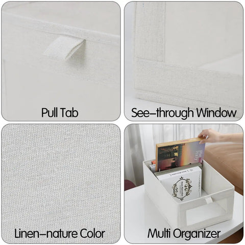 4 Pack Linen Storage Bins With See Through Window For Closet Organization, showing beige color, pull tab, and multi-purpose use