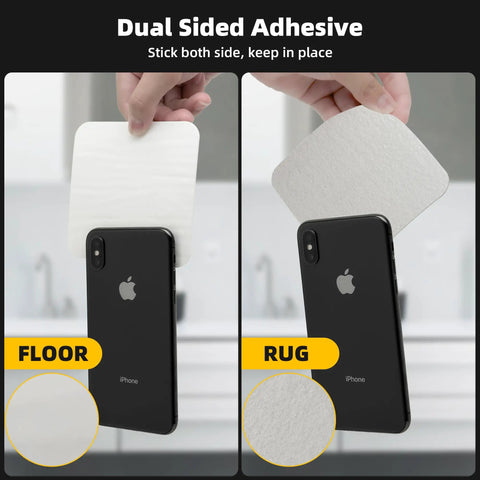 8 Pack Non Slip Rug Grippers For Hardwood Floors Washable And Reusable Carpet Tape shown holding a phone upright on a countertop