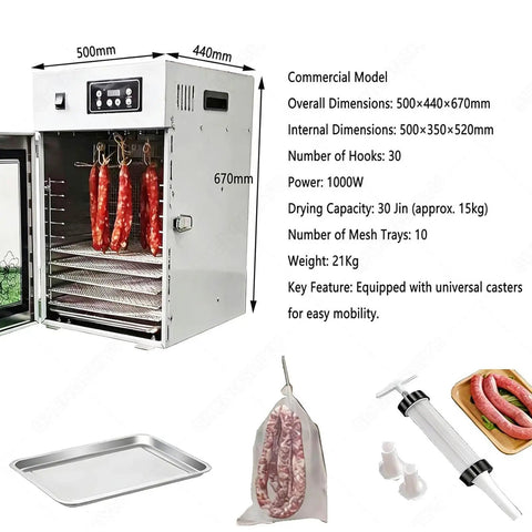 Top Shelf Digital Food Dehydrator Machine With No Sweat 24 Hour Timer And Adjustable Heat Settings For Making Savory Beef Jerky Crispy Fruit Chips Healthy Herb Snacks And Pet Treats, showing full unit with sausages.