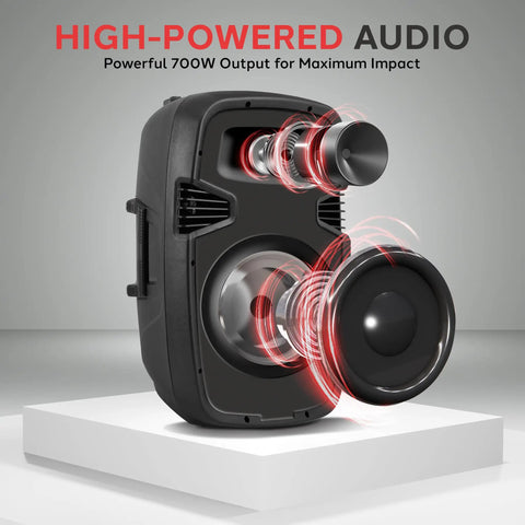 Powerful Dual 8 Inch Active And Passive PA System Kit With 700 Watt Max Output Microphone Bluetooth Streaming MP3 USB SD AUX Playback And Stands For Live Gigs And Events Gig Ready featuring a black speaker with visible soundwaves